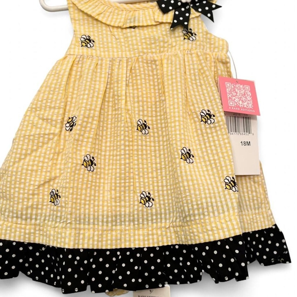 Yellow & White Gingham Seersucker Bumble Bee Dress Infant 18 months